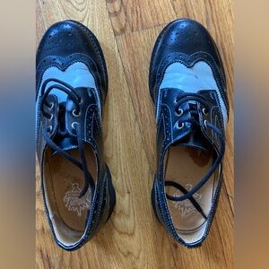 John Fluevog-Michael- Black and Light Blue Brogue Derby Shoes with Lug Sole